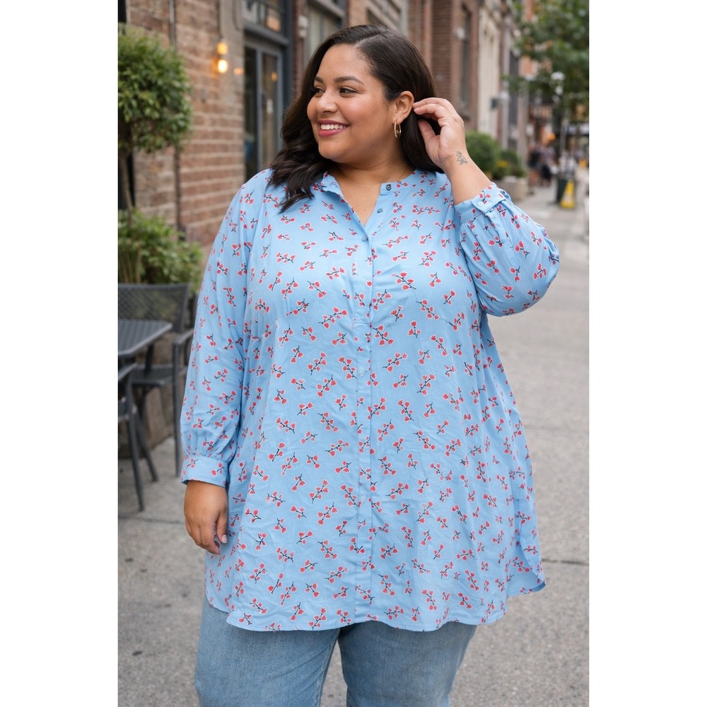 Anne Klein Blue Floral Sheer Tunic Blouse Long Sleeve Button V-Neck Top